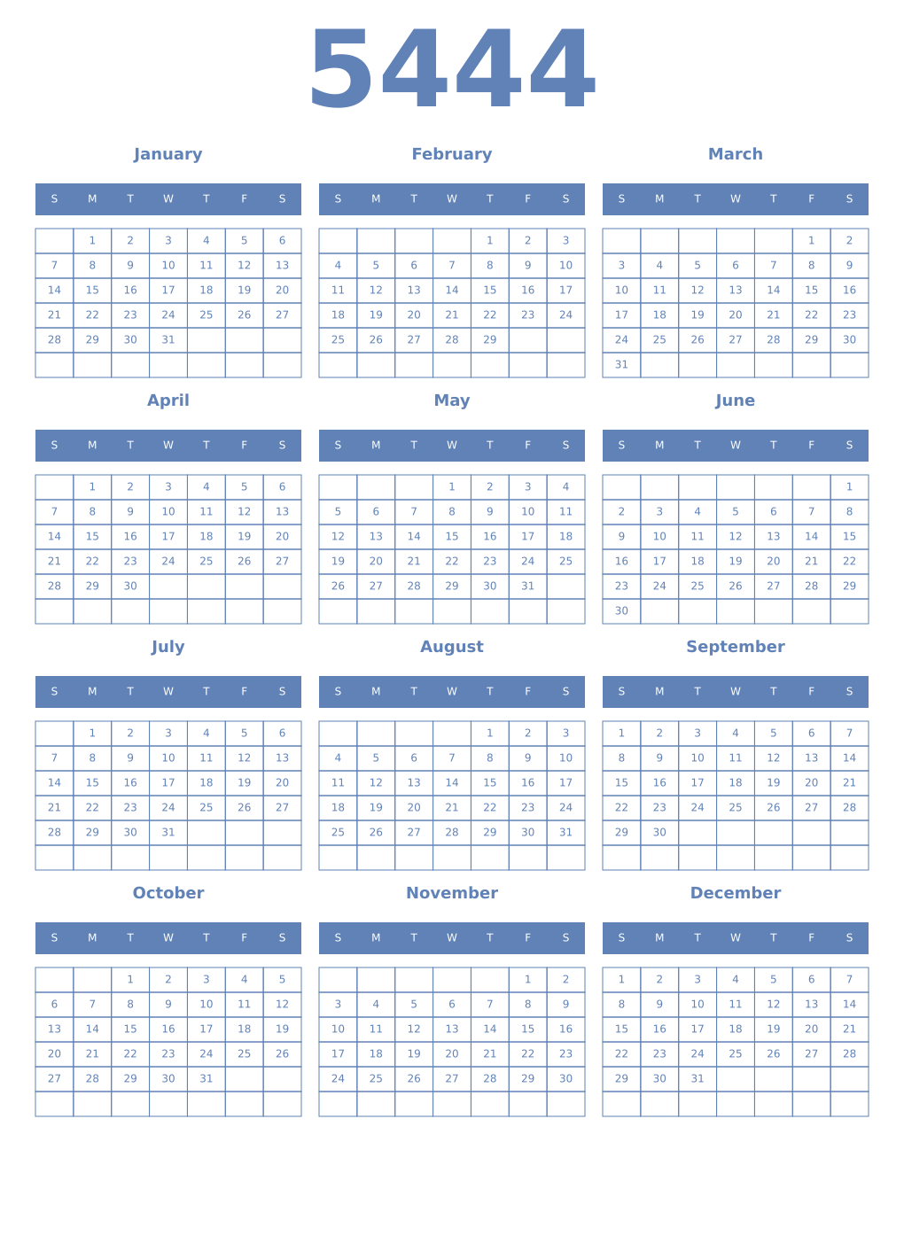 Printable 5444 Year Calendars glaucous