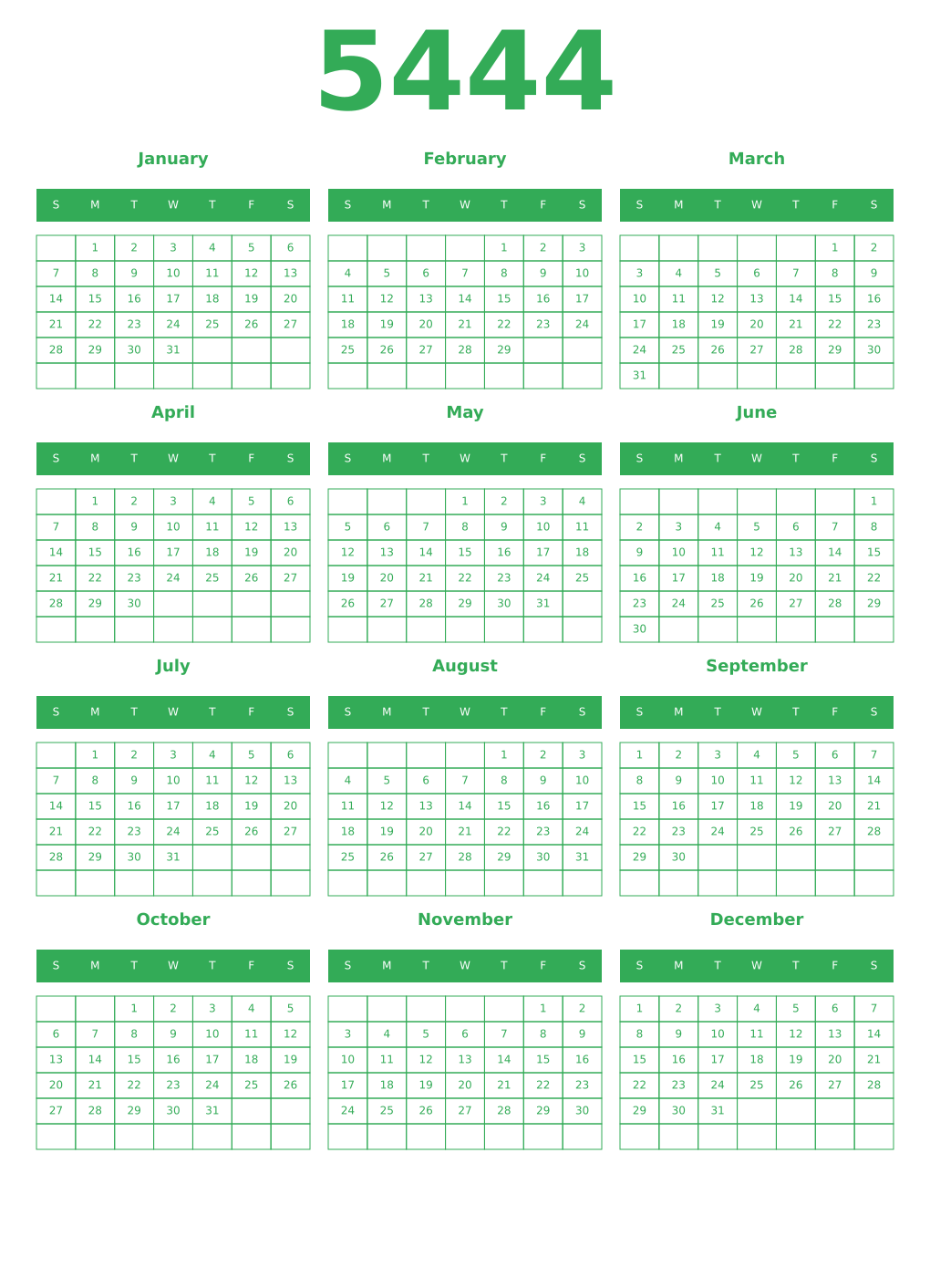 Printable 5444 Year Calendars green