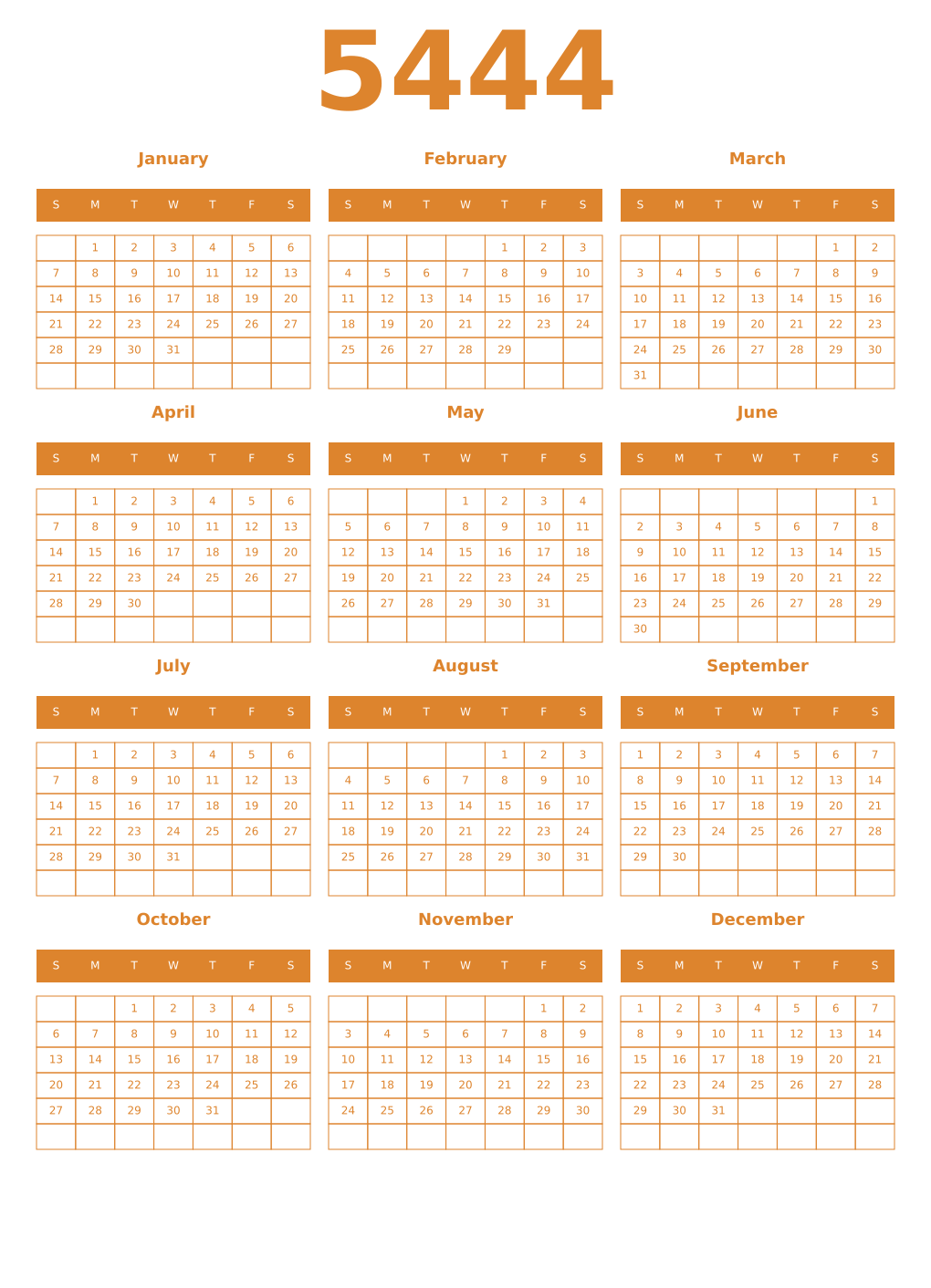 Printable 5444 Year Calendars orange