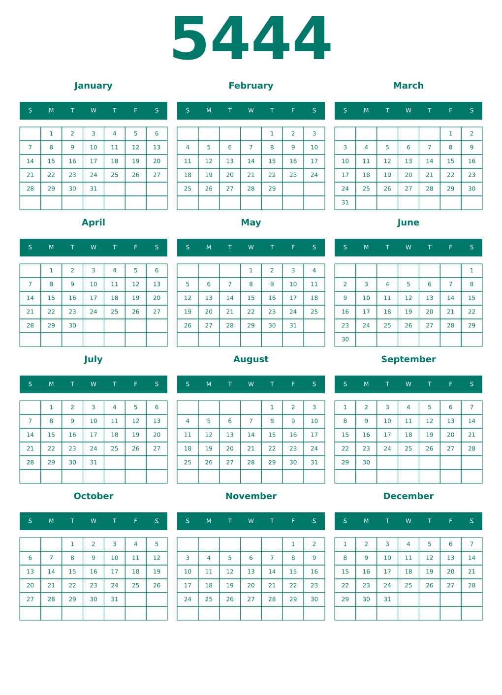 Printable 5444 Year Calendars pastel