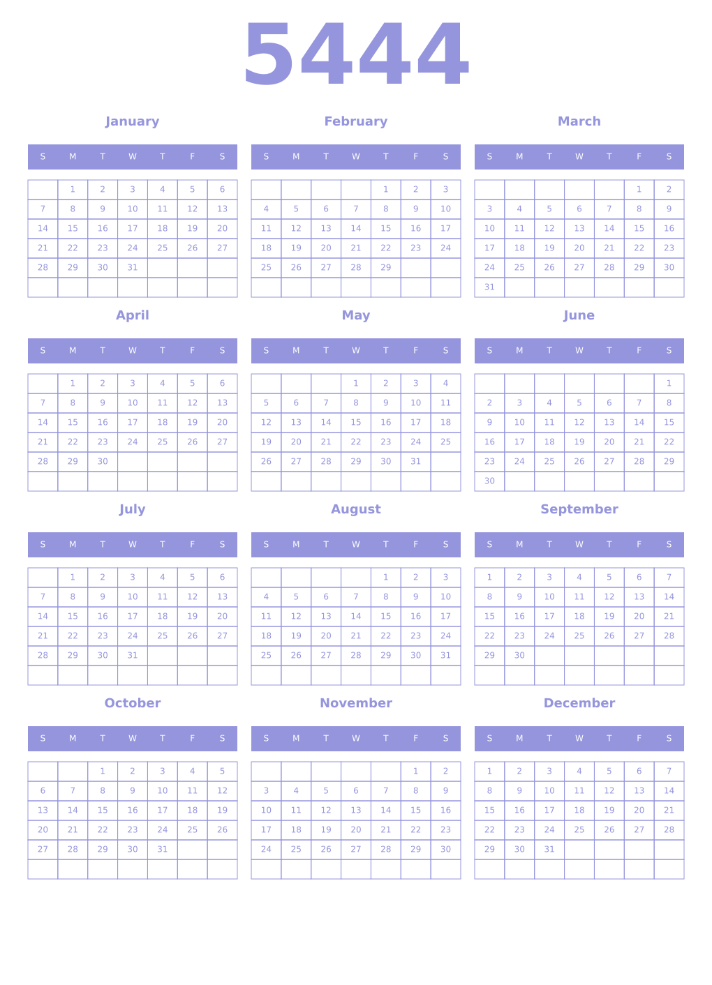 Printable 5444 Year Calendars periwinkle
