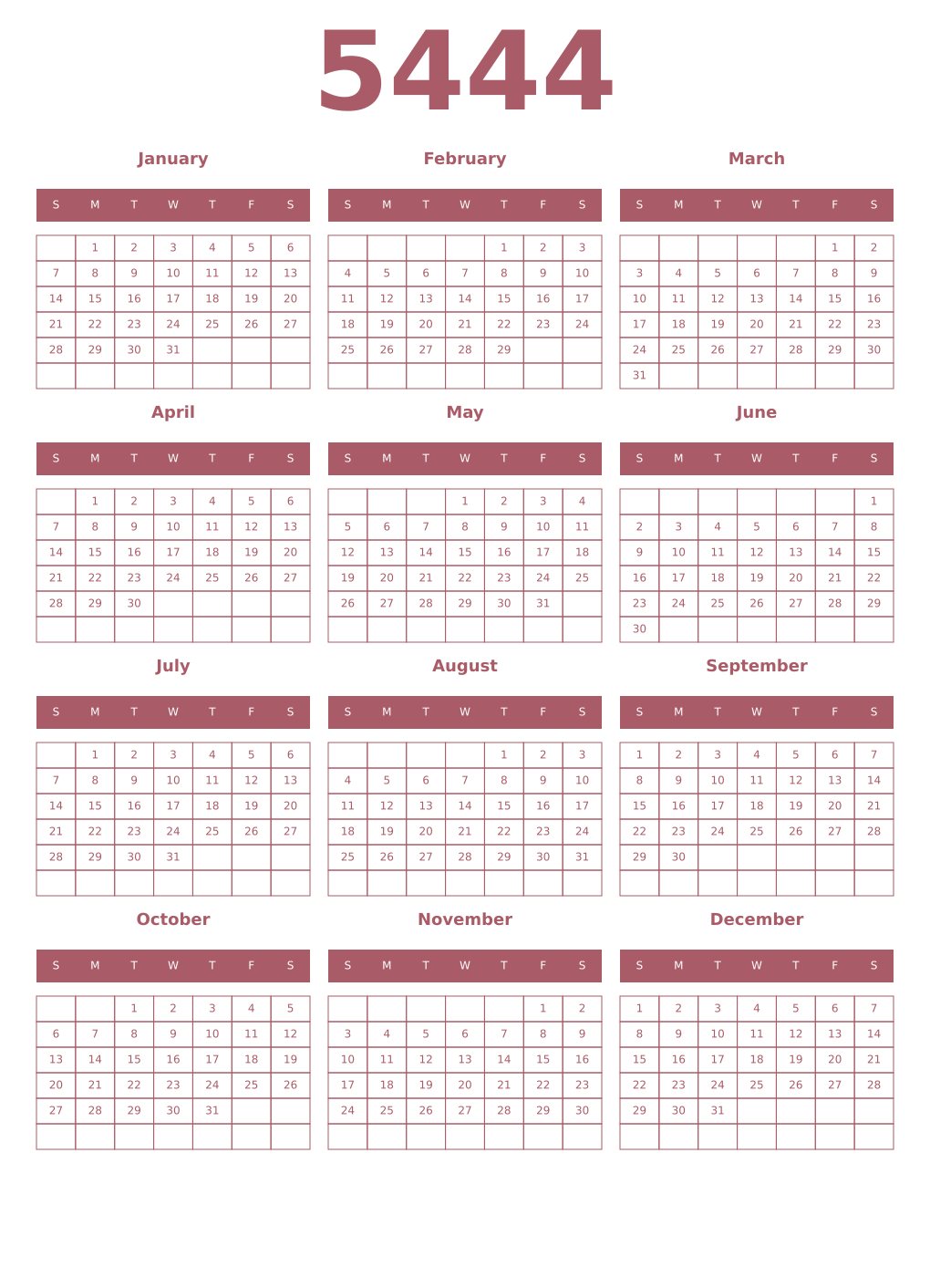Printable 5444 Year Calendars puce