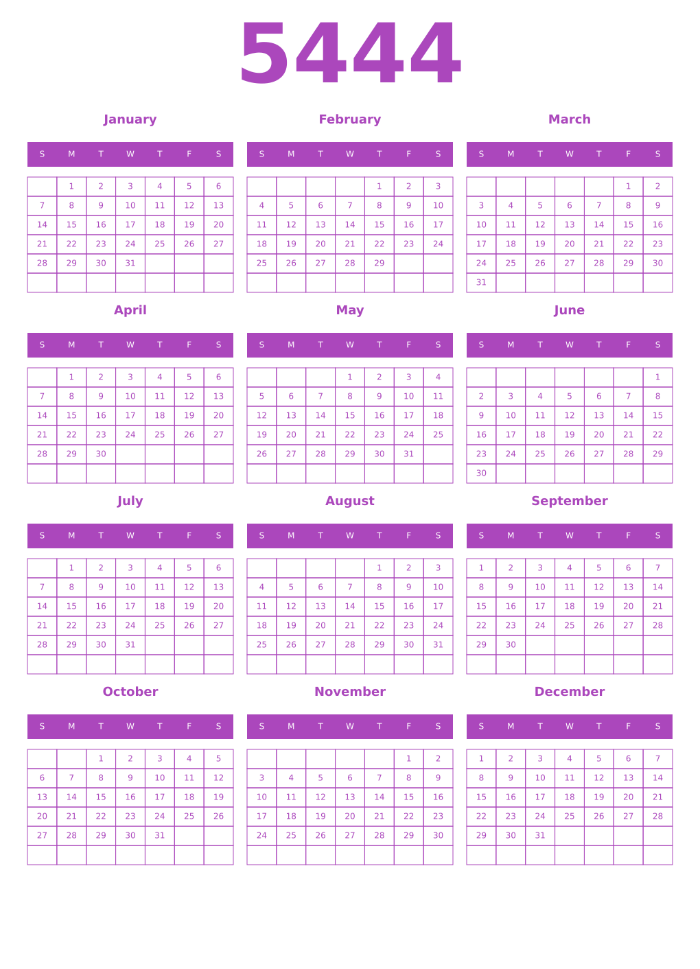Printable 5444 Year Calendars purple