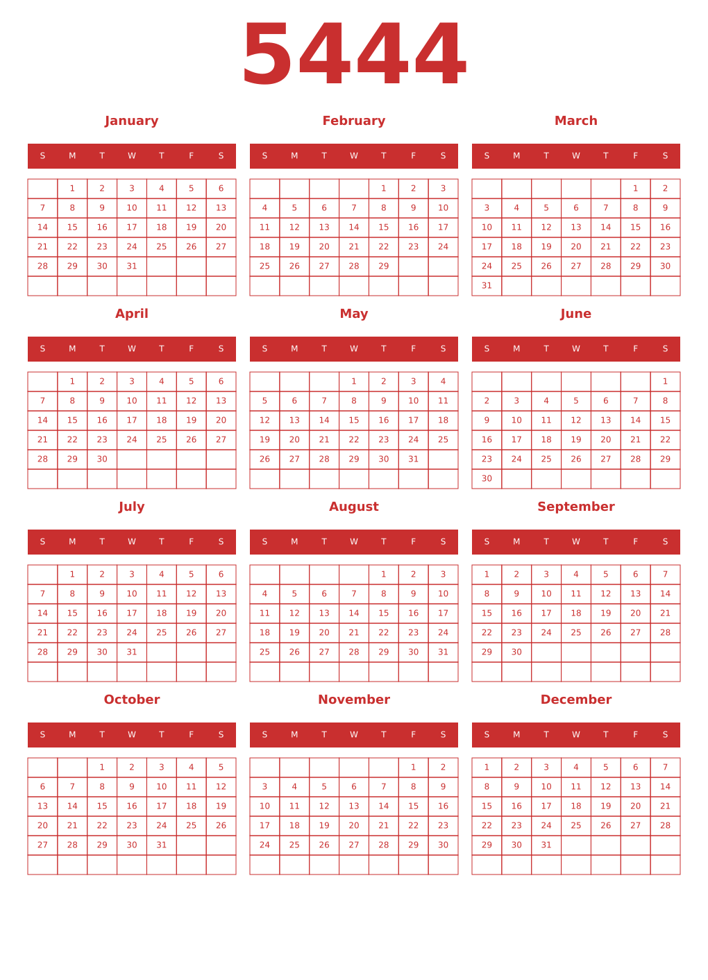 Printable 5444 Year Calendars red