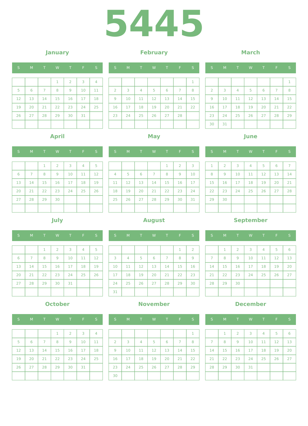Printable 5445 Year Calendars celadon