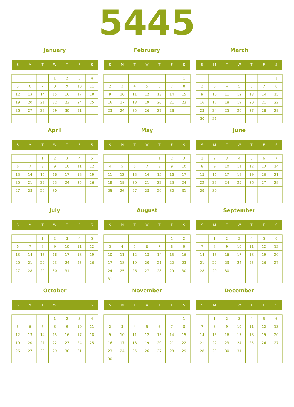 Printable 5445 Year Calendars chartreuse
