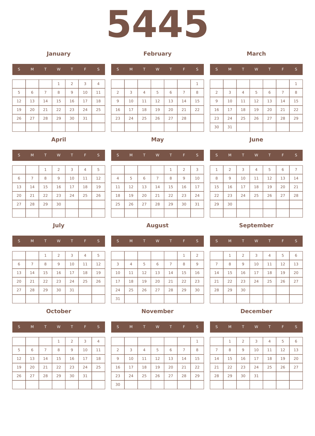 Printable 5445 Year Calendars coffe