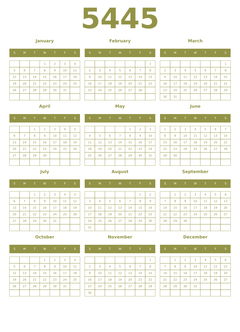 Printable 5445 Year Calendars eburnean
