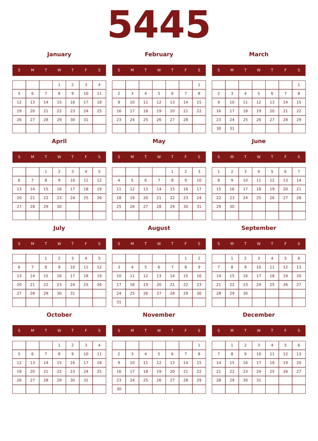 Printable 5445 Year Calendars falu