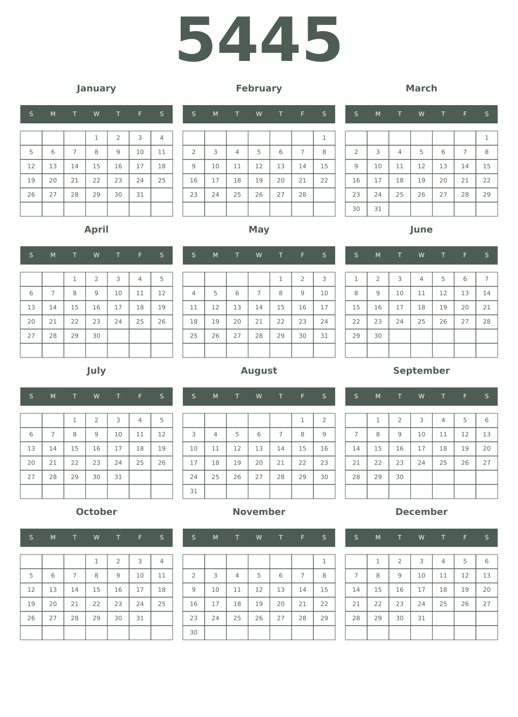 Printable 5445 Year Calendars feldgrau