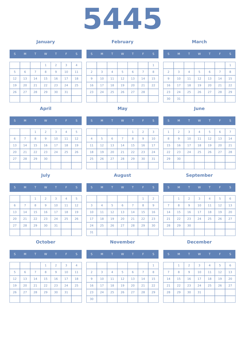 Printable 5445 Year Calendars glaucous