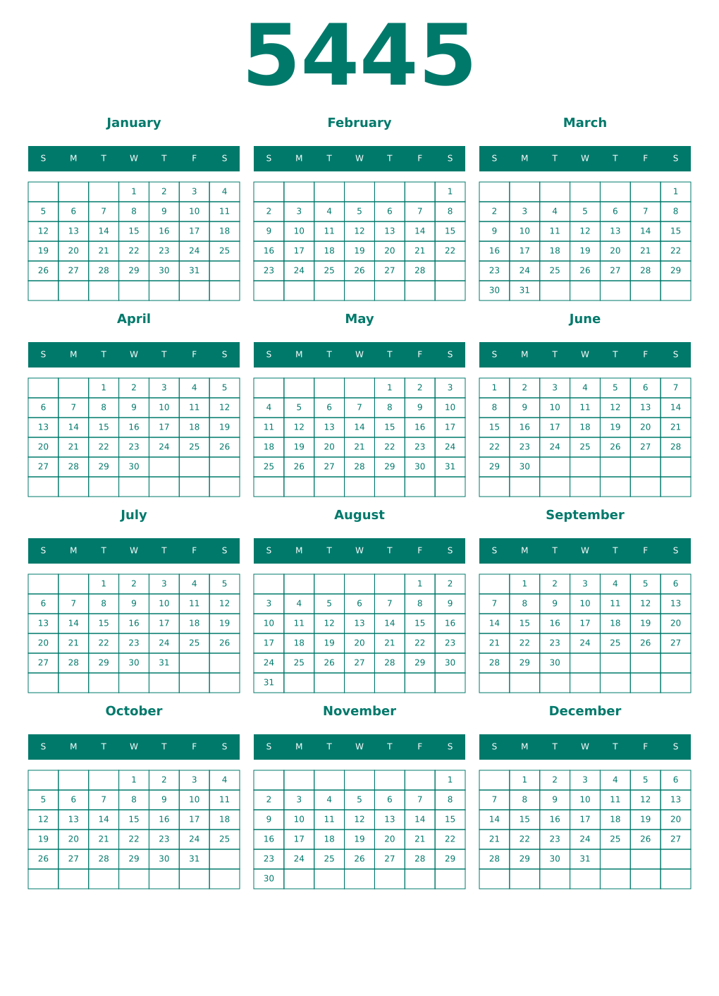 Printable 5445 Year Calendars pastel