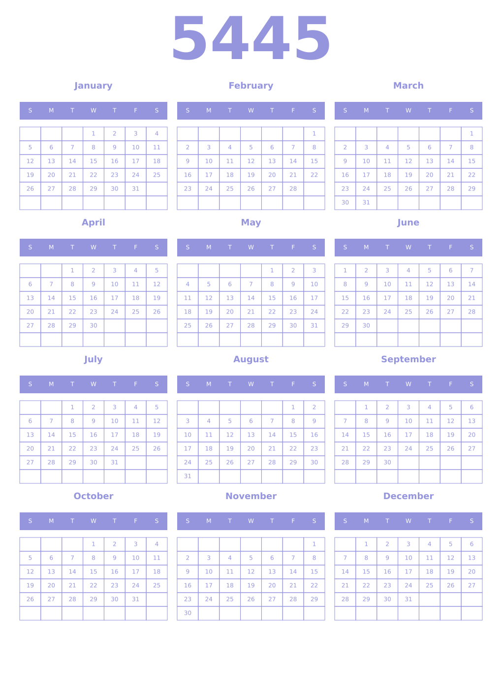Printable 5445 Year Calendars periwinkle