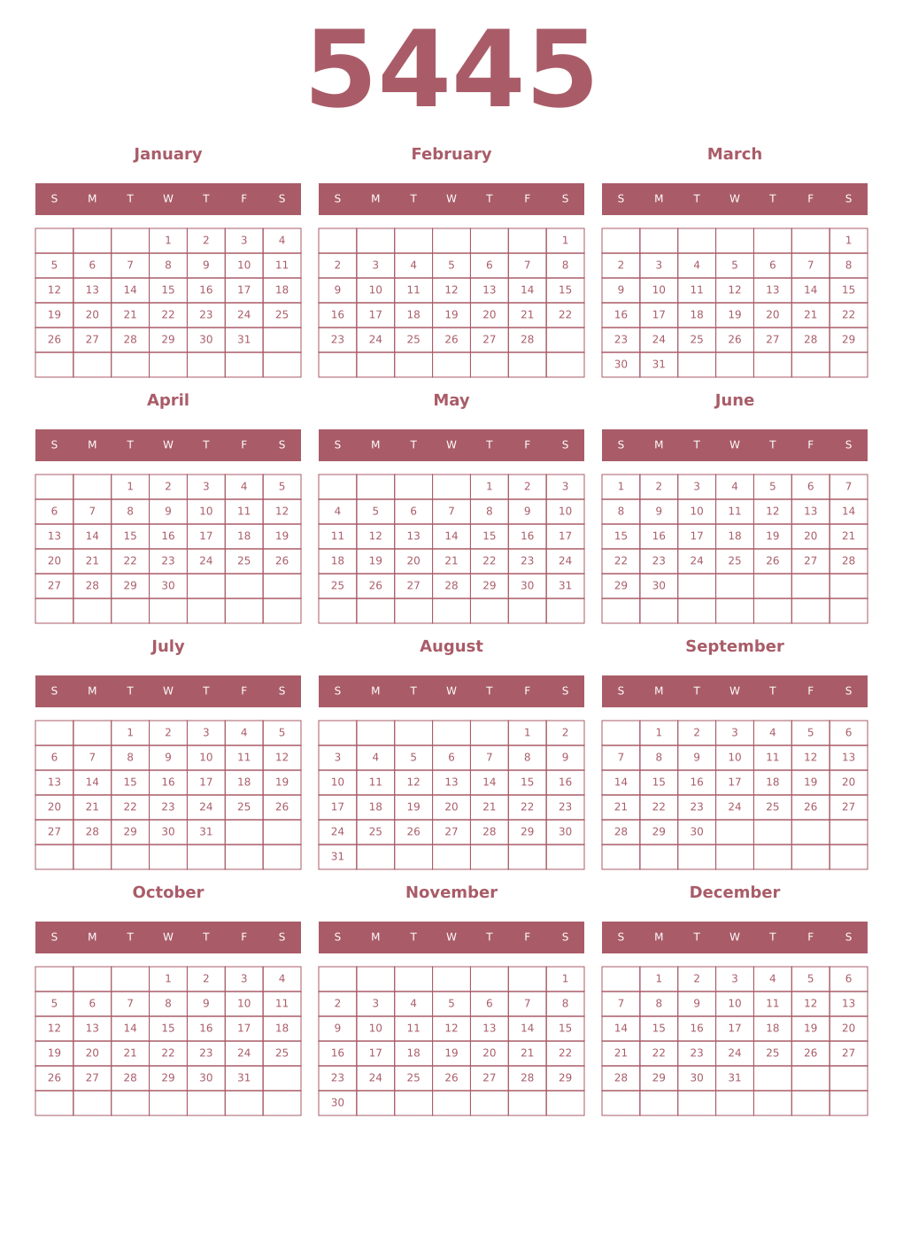 Printable 5445 Year Calendars puce