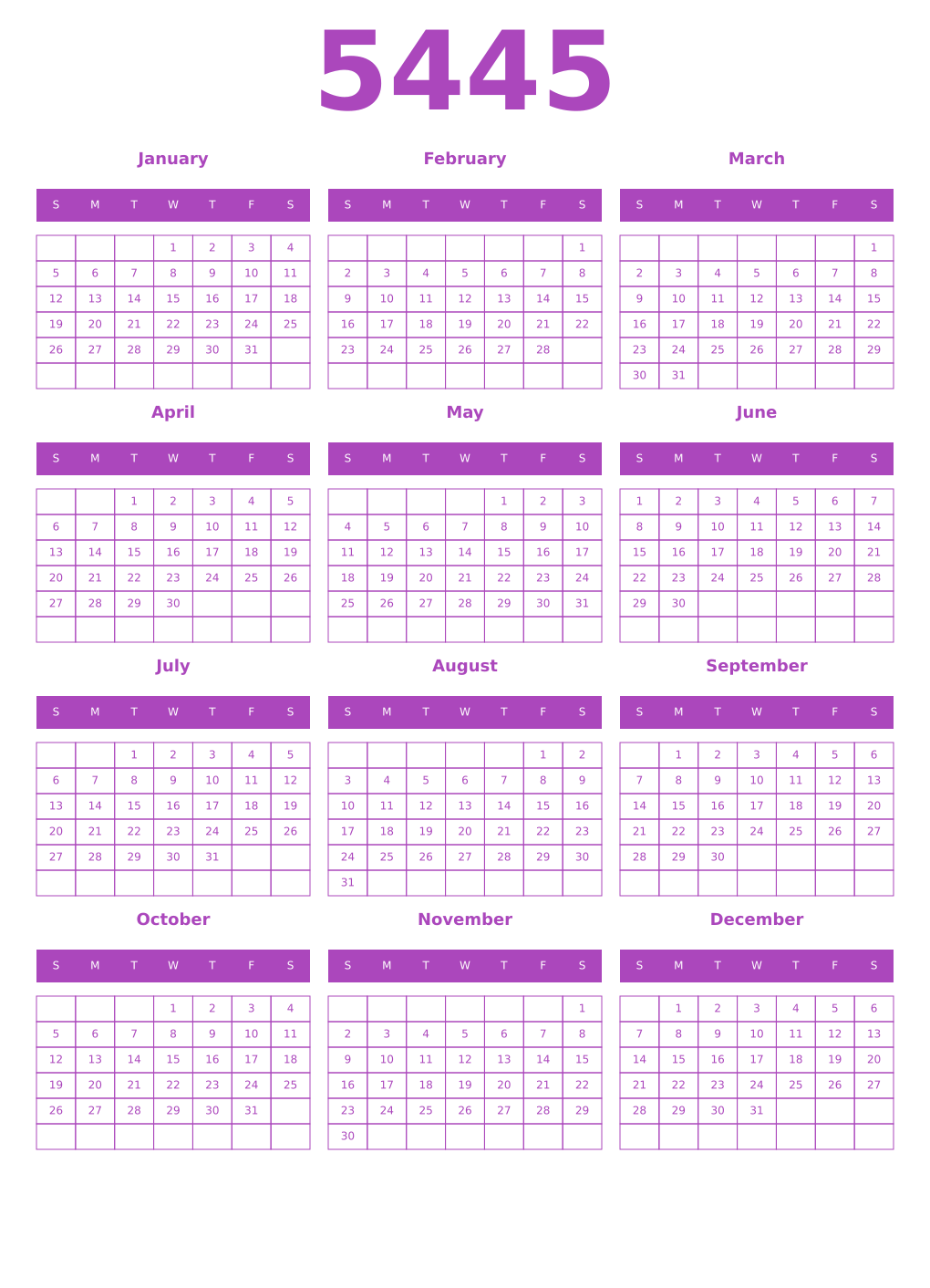 Printable 5445 Year Calendars purple
