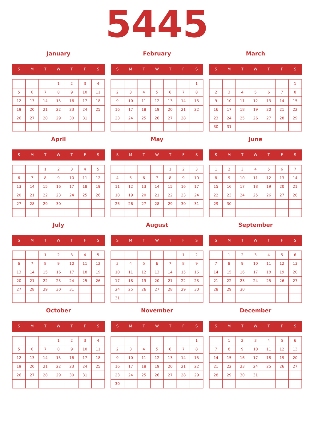 Printable 5445 Year Calendars red
