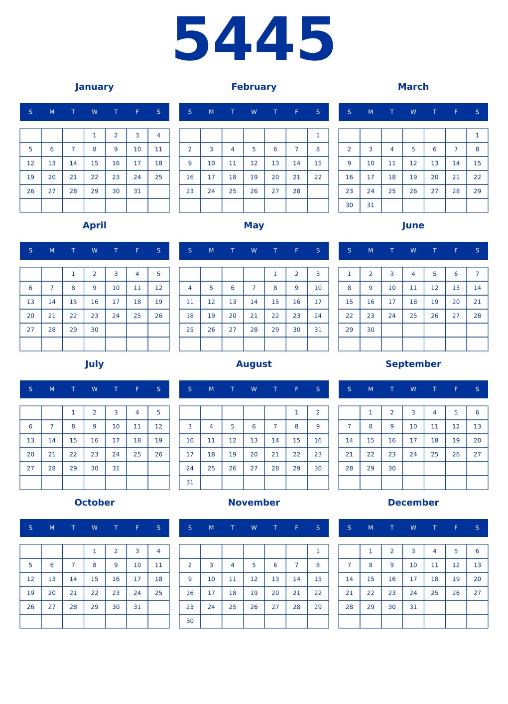 Printable 5445 Year Calendars smalt