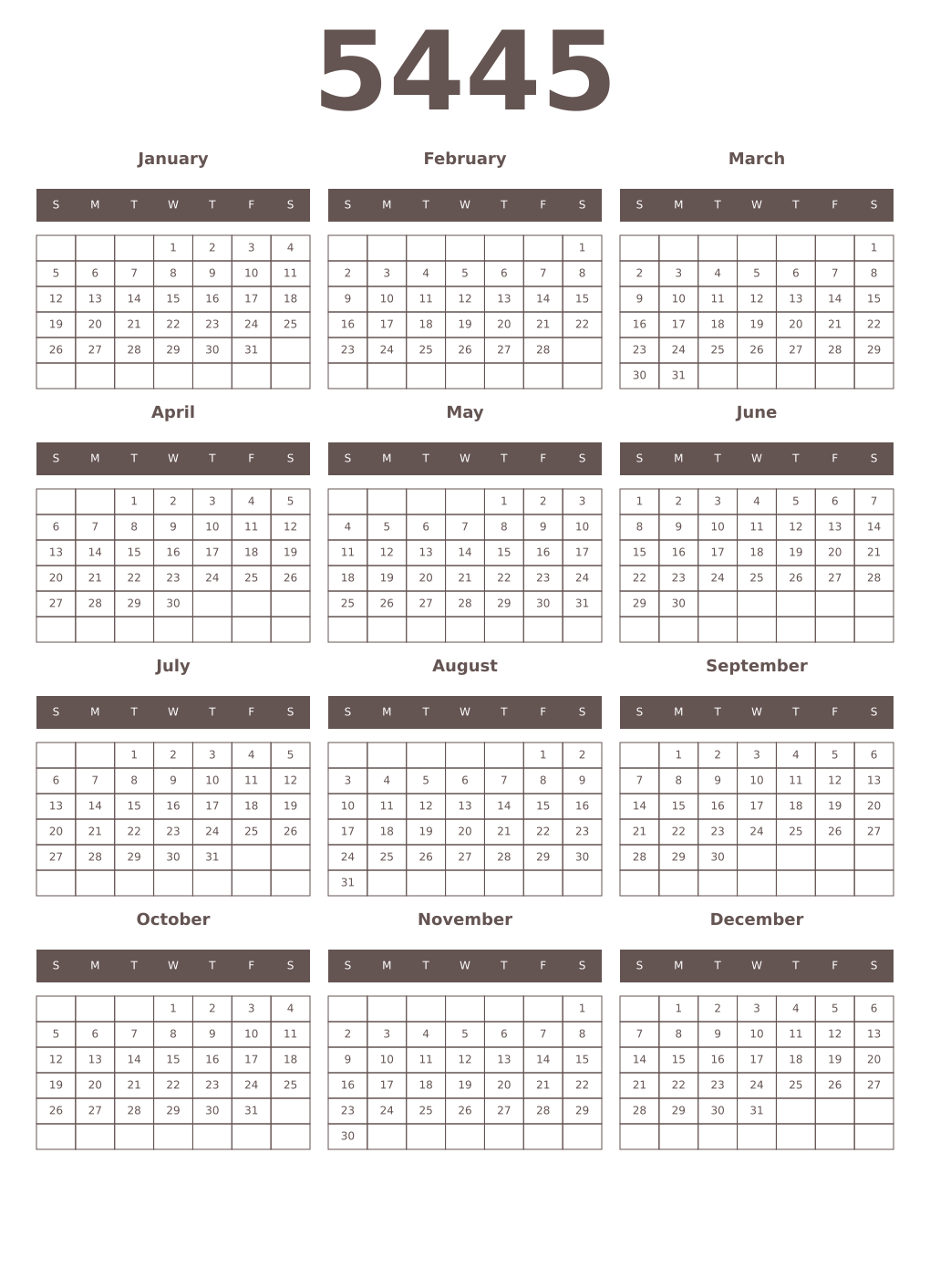 Printable 5445 Year Calendars wenge