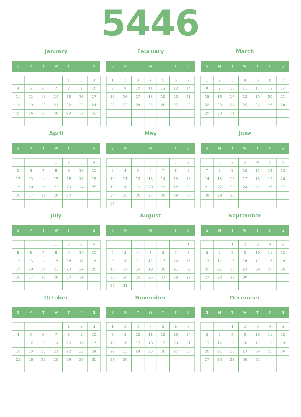 Printable 5446 Year Calendars celadon