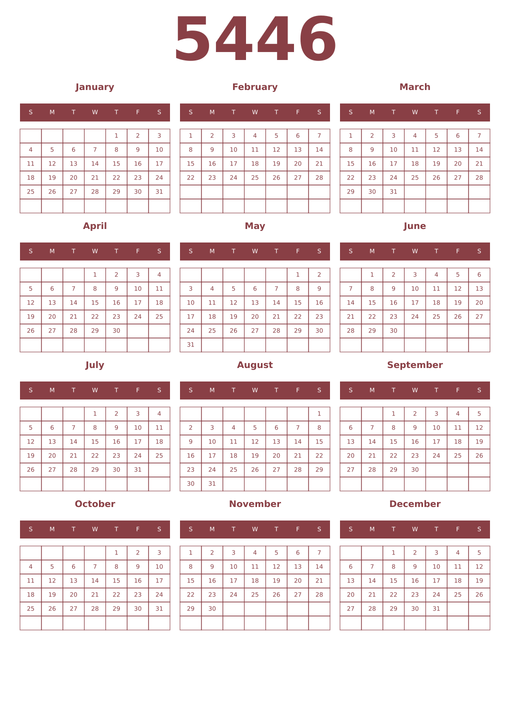 Printable 5446 Year Calendars cordovan