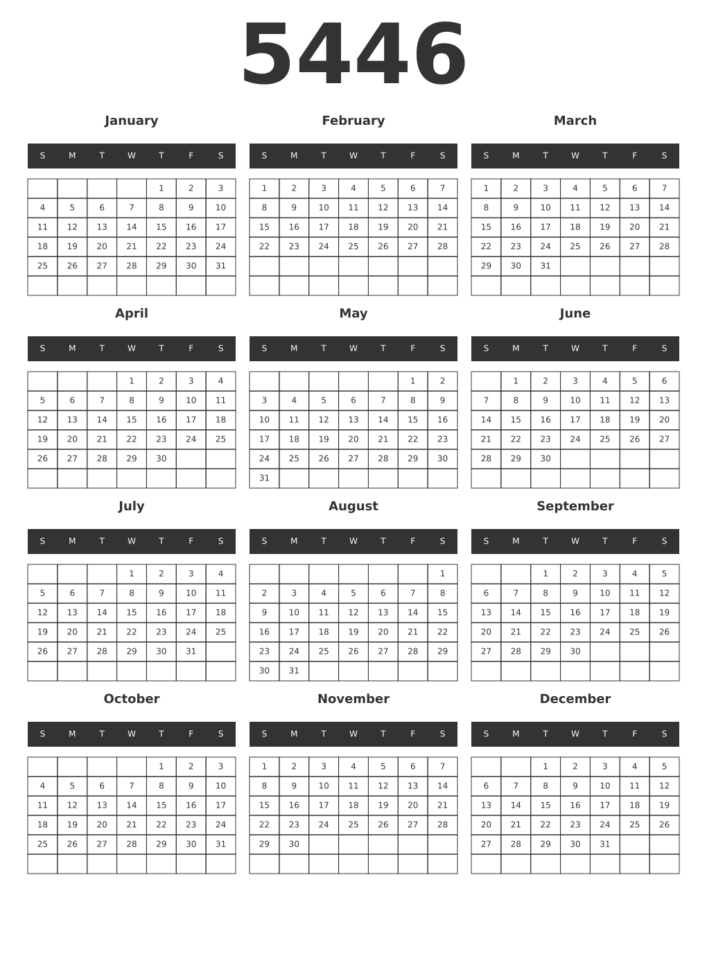 Printable 5446 Year Calendars dark