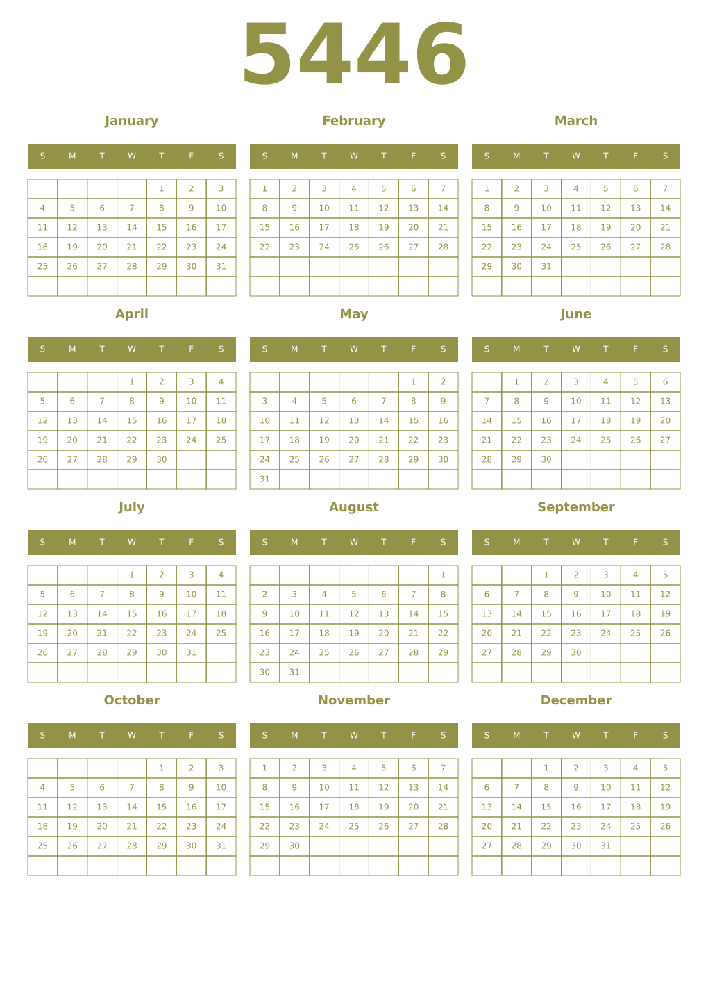 Printable 5446 Year Calendars eburnean