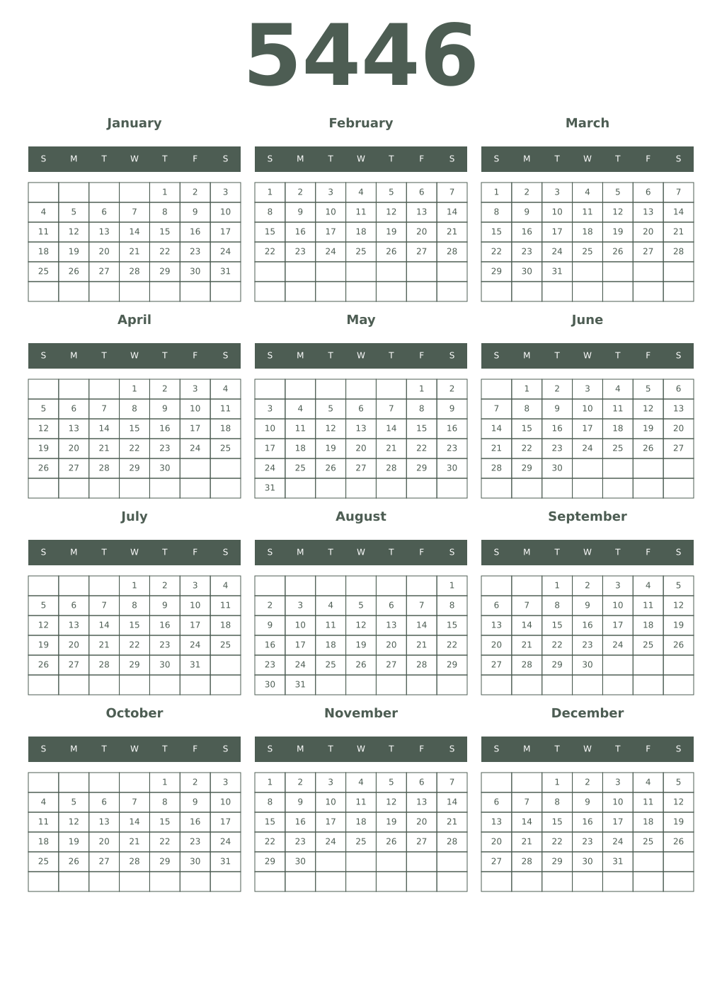 Printable 5446 Year Calendars feldgrau