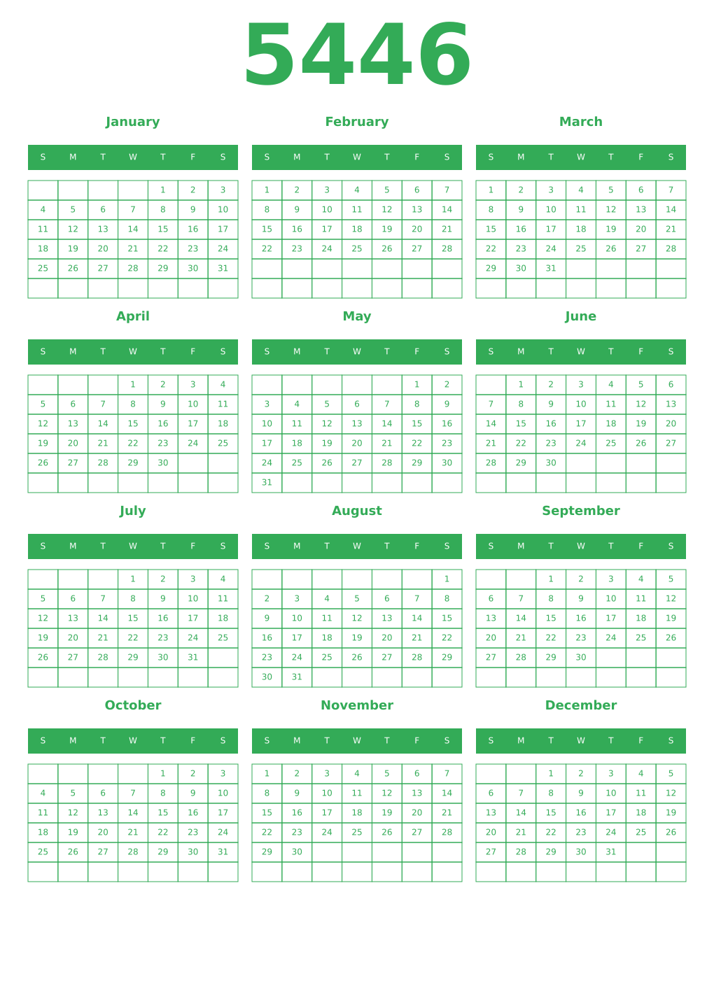 Printable 5446 Year Calendars green