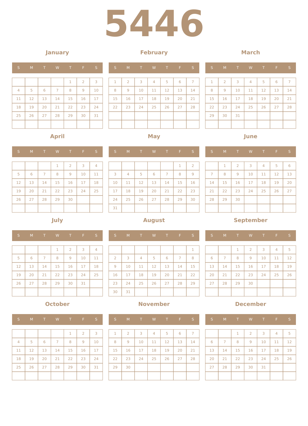 Printable 5446 Year Calendars isabelline