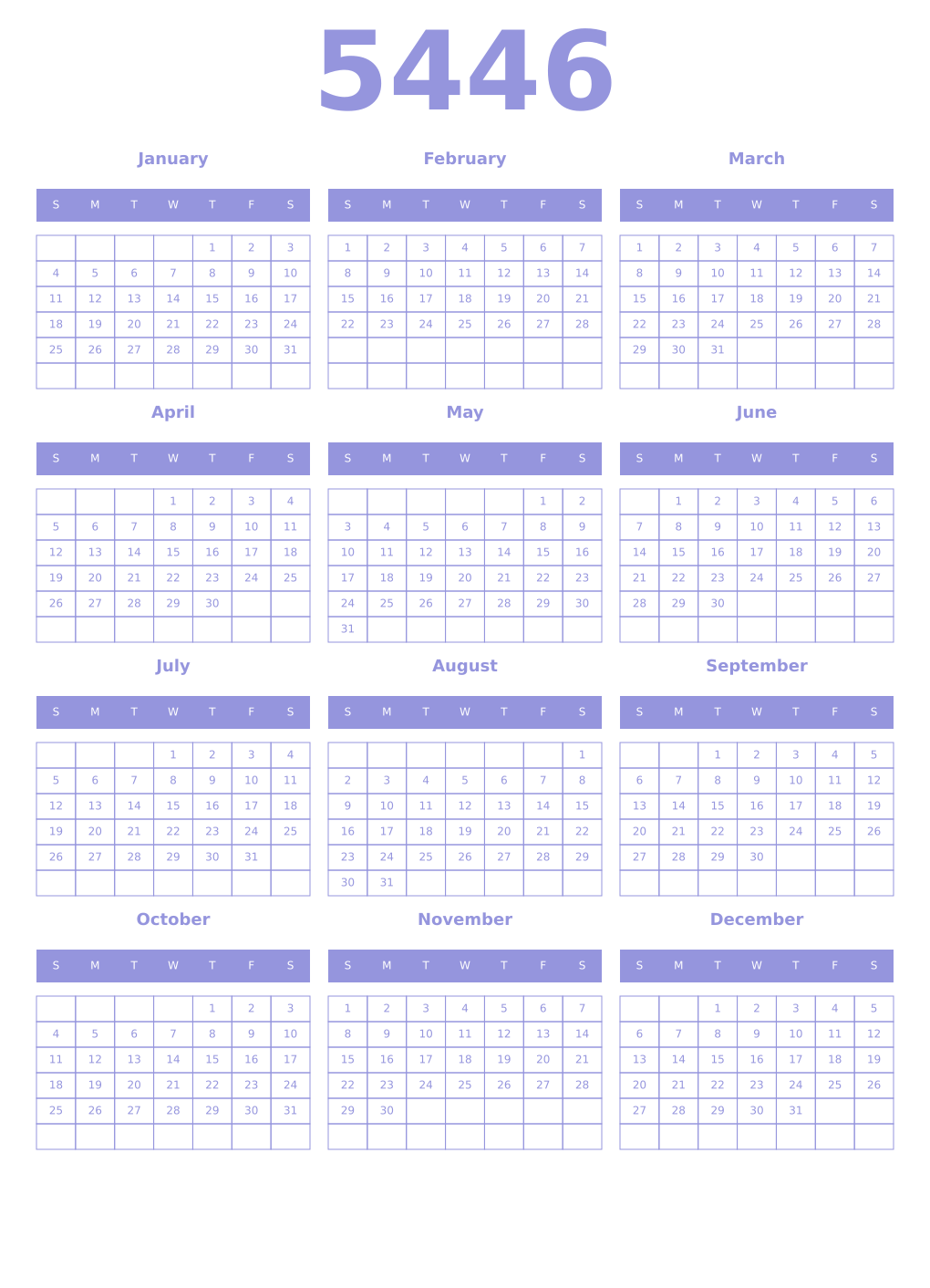 Printable 5446 Year Calendars periwinkle