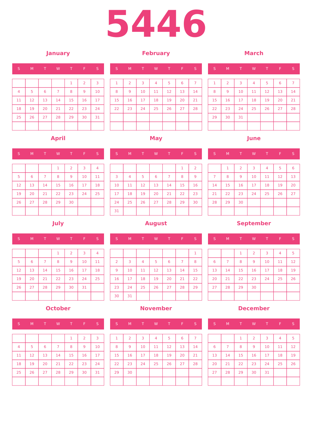 Printable 5446 Year Calendars pink