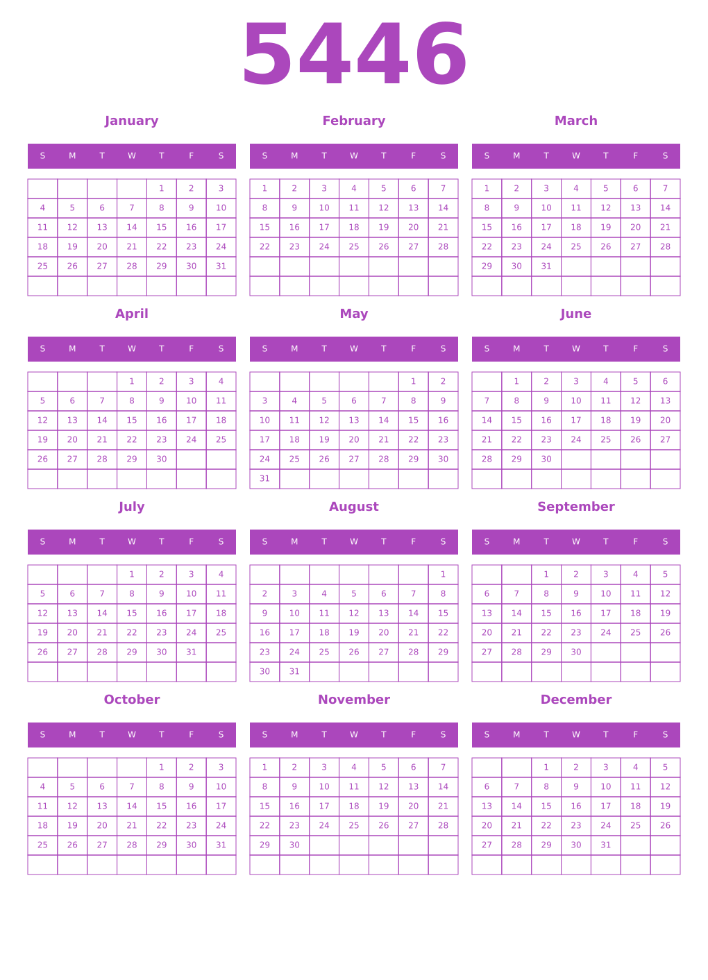Printable 5446 Year Calendars purple