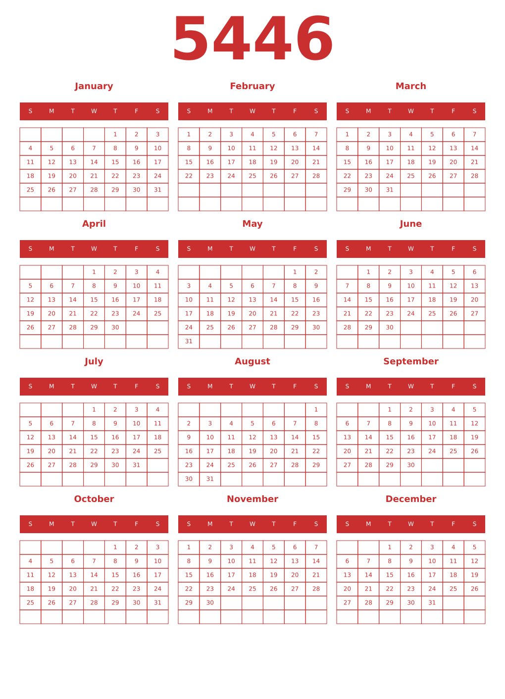 Printable 5446 Year Calendars red