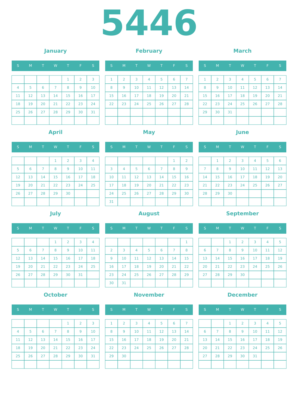 Printable 5446 Year Calendars verdigris