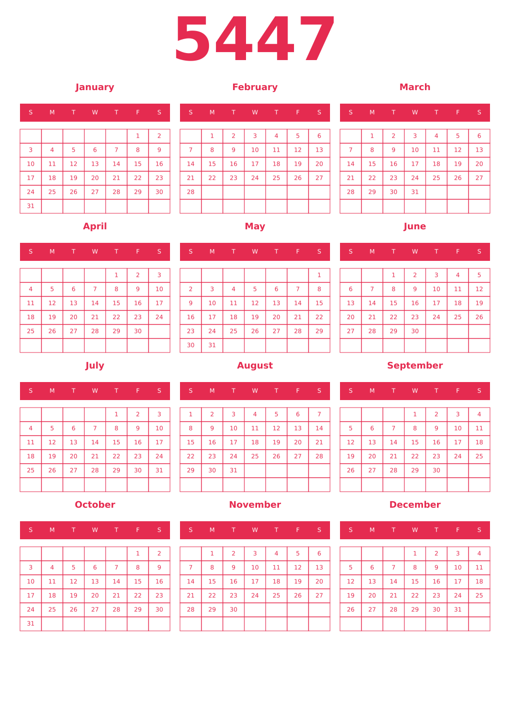 Printable 5447 Year Calendars amaranth