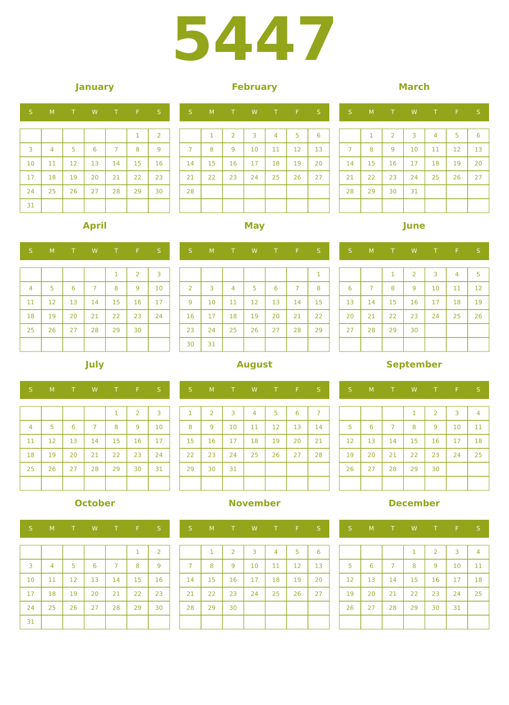 Printable 5447 Year Calendars chartreuse