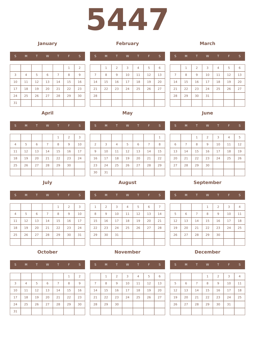 Printable 5447 Year Calendars coffe