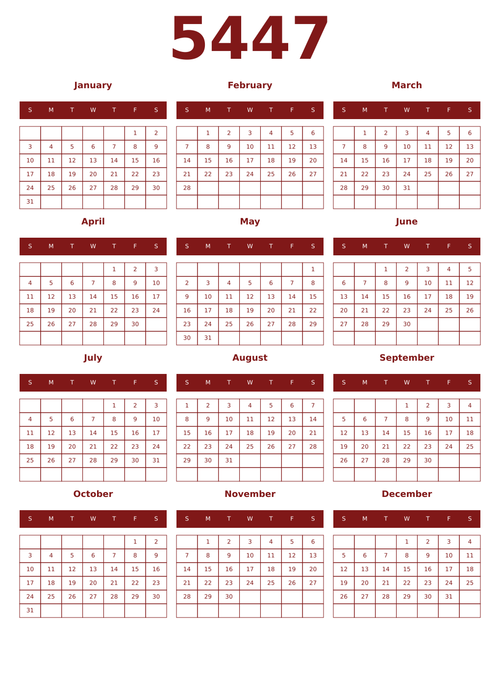 Printable 5447 Year Calendars falu