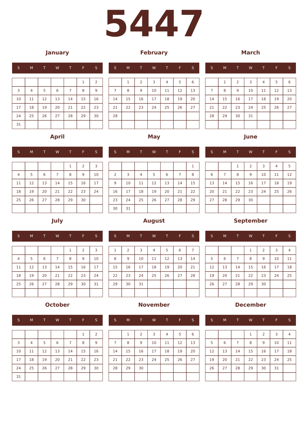 Printable 5447 Year Calendars mortuum