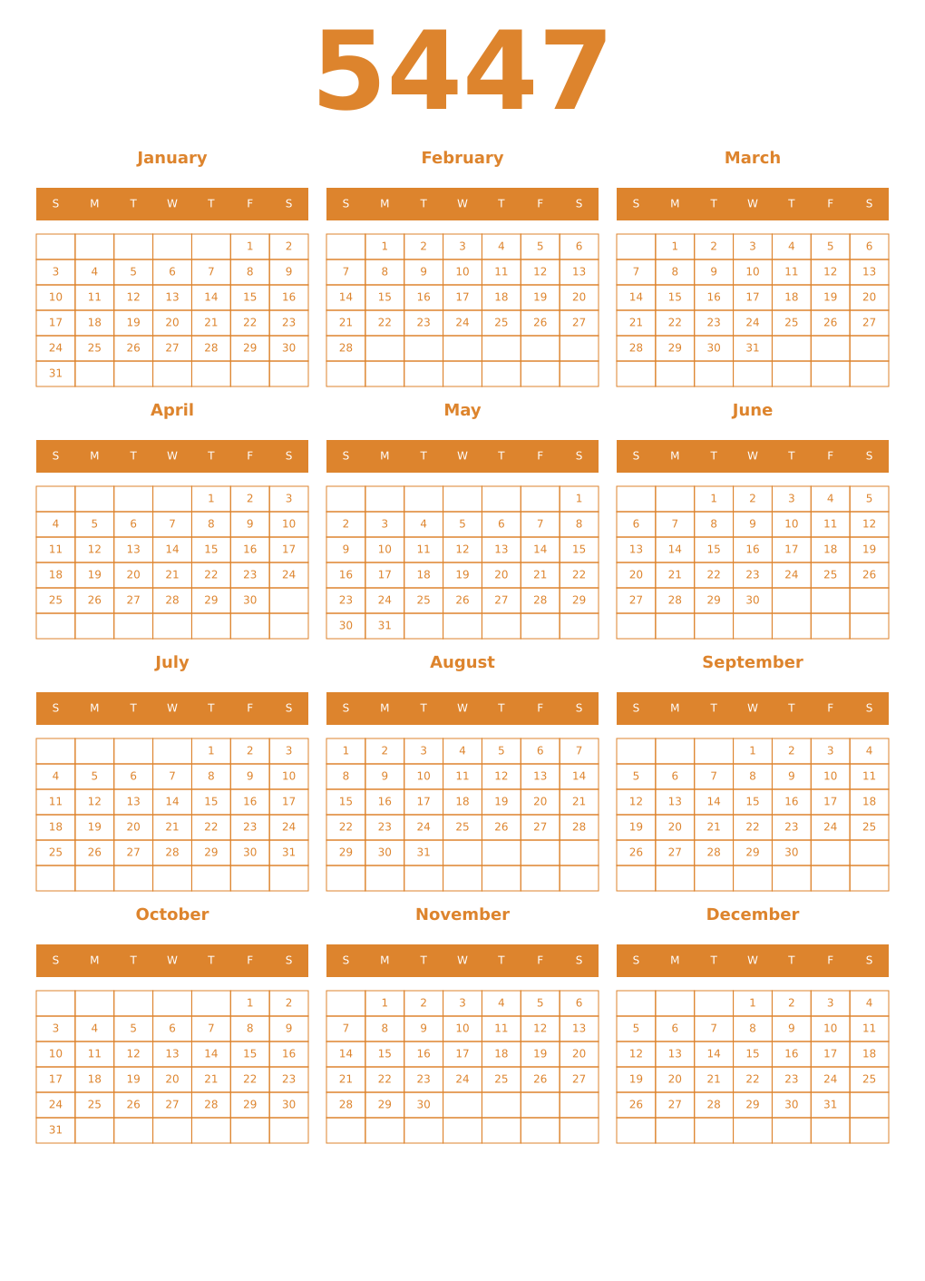 Printable 5447 Year Calendars orange