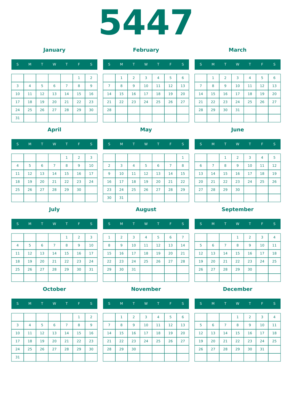 Printable 5447 Year Calendars pastel