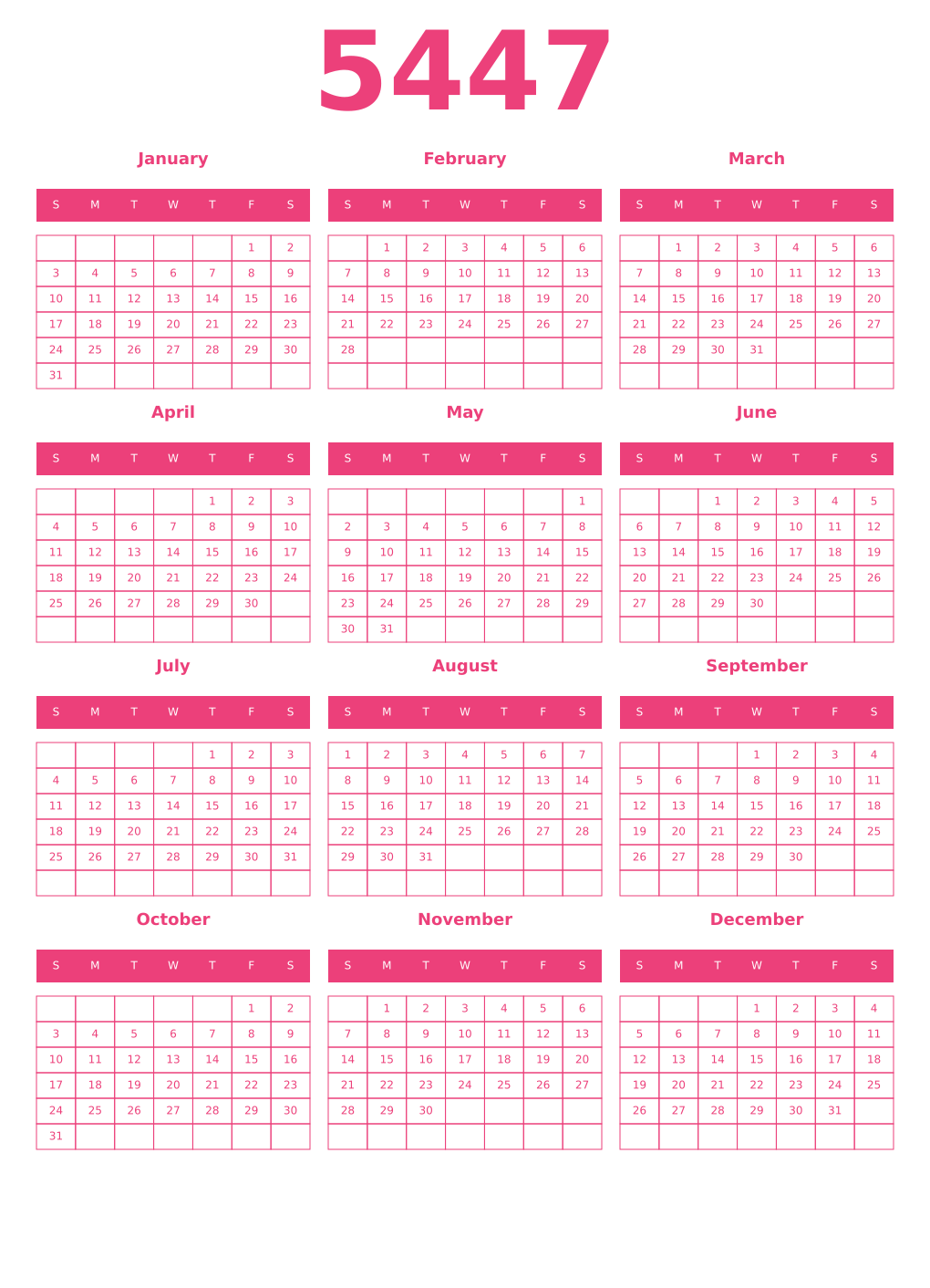 Printable 5447 Year Calendars pink