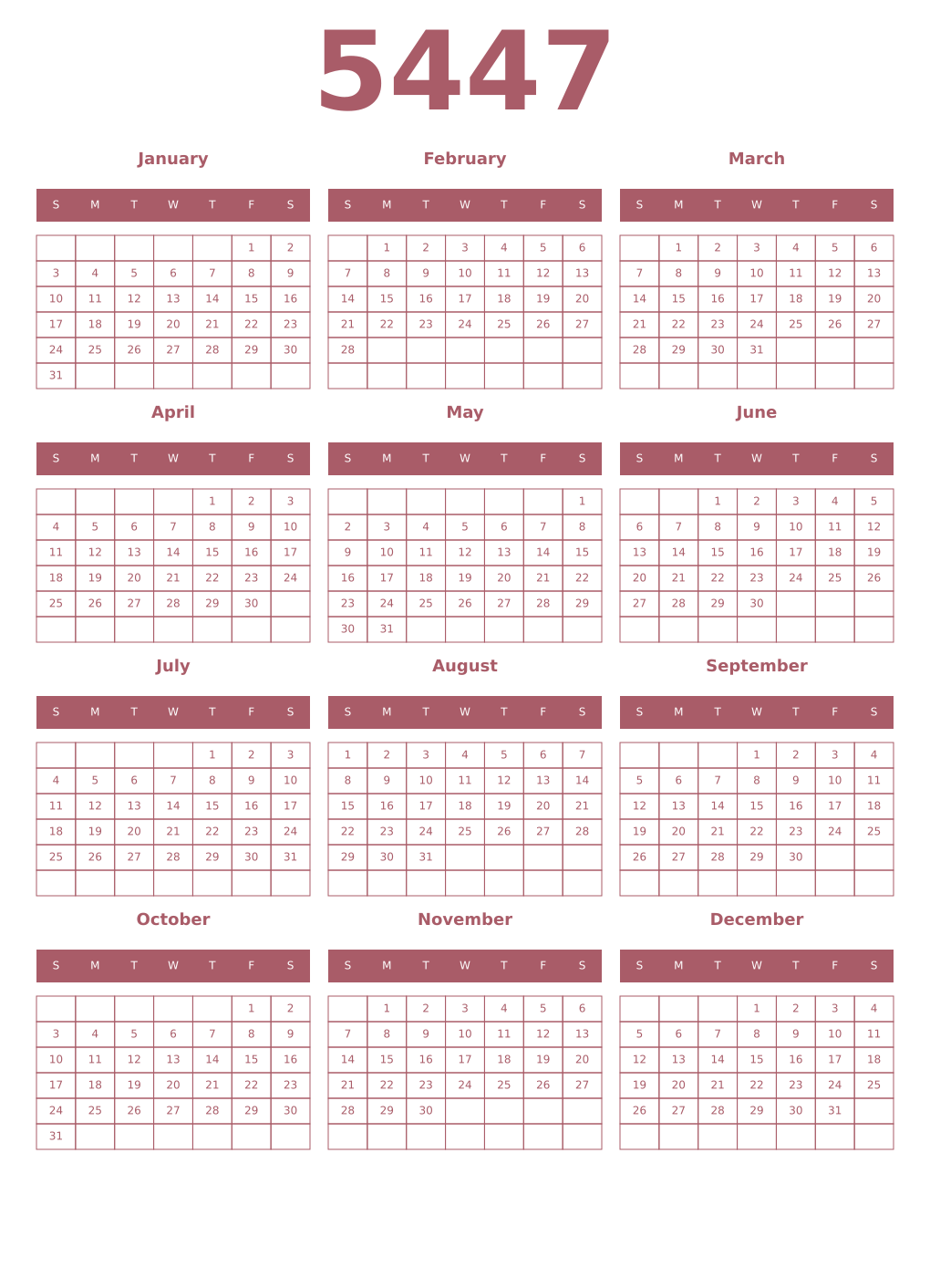Printable 5447 Year Calendars puce
