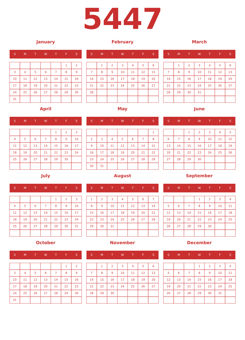 Printable 5447 Year Calendars red
