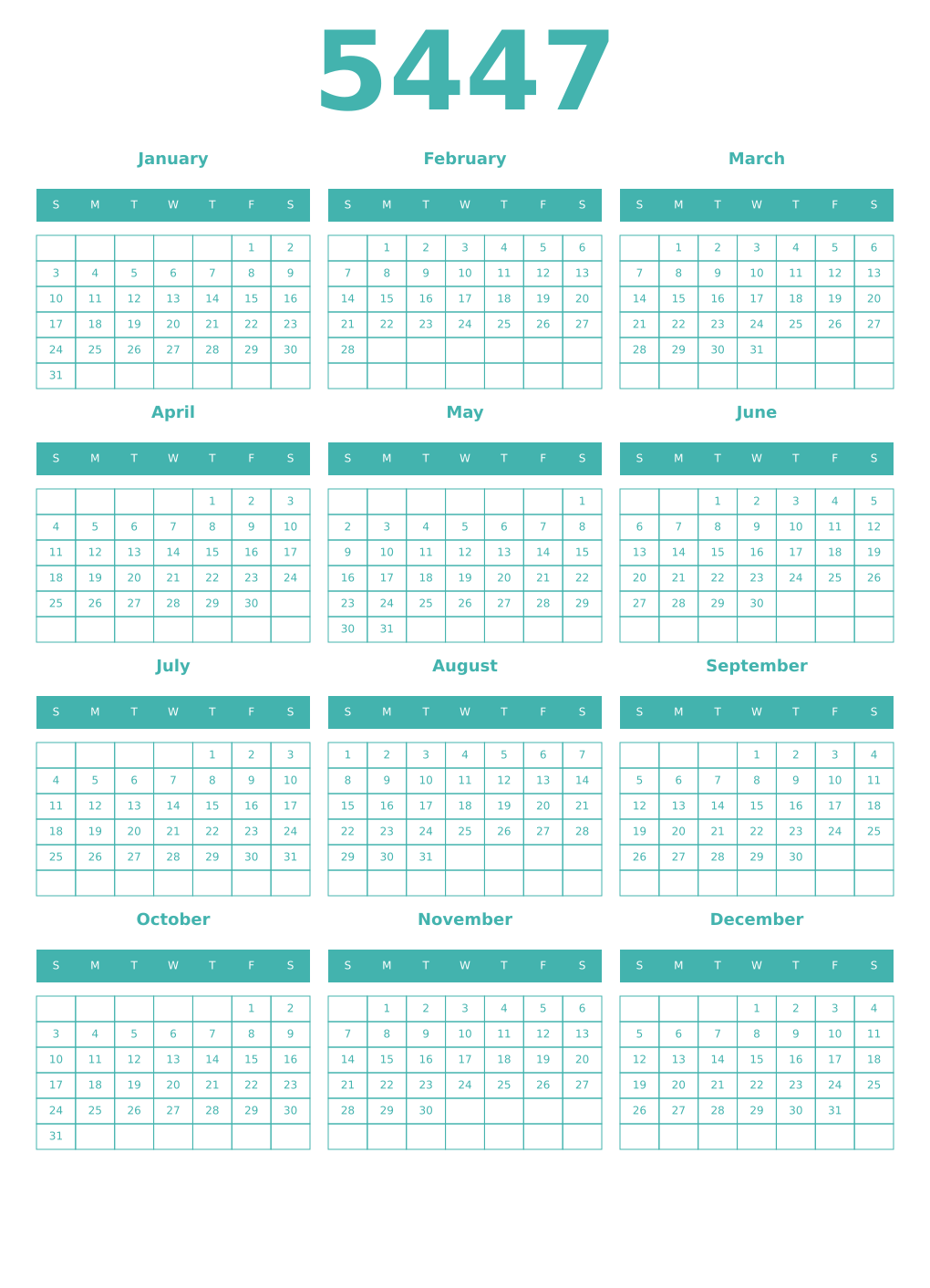 Printable 5447 Year Calendars verdigris