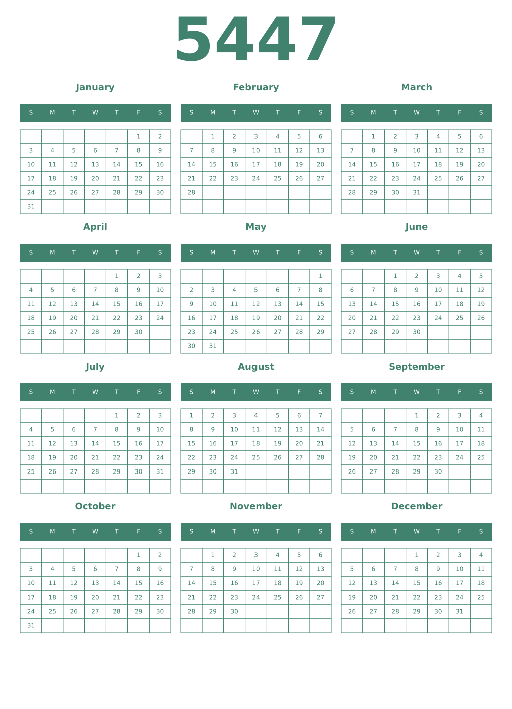 Printable 5447 Year Calendars viridian