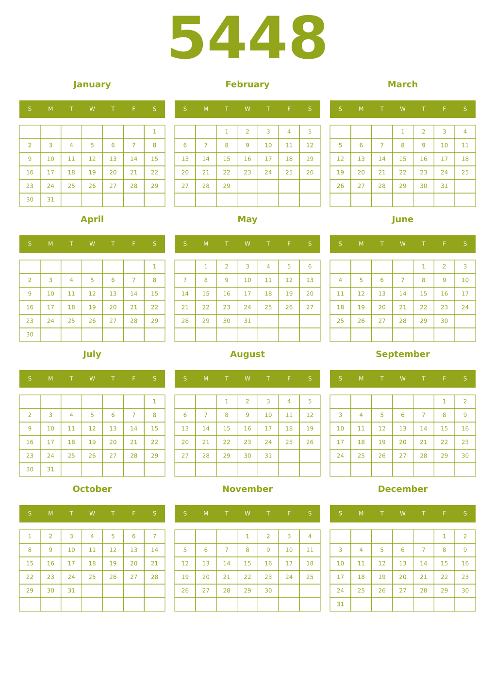 Printable 5448 Year Calendars chartreuse