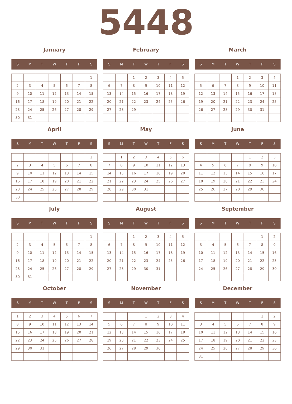 Printable 5448 Year Calendars coffe