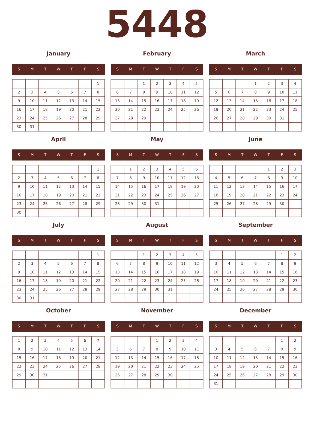 Printable 5448 Year Calendars mortuum