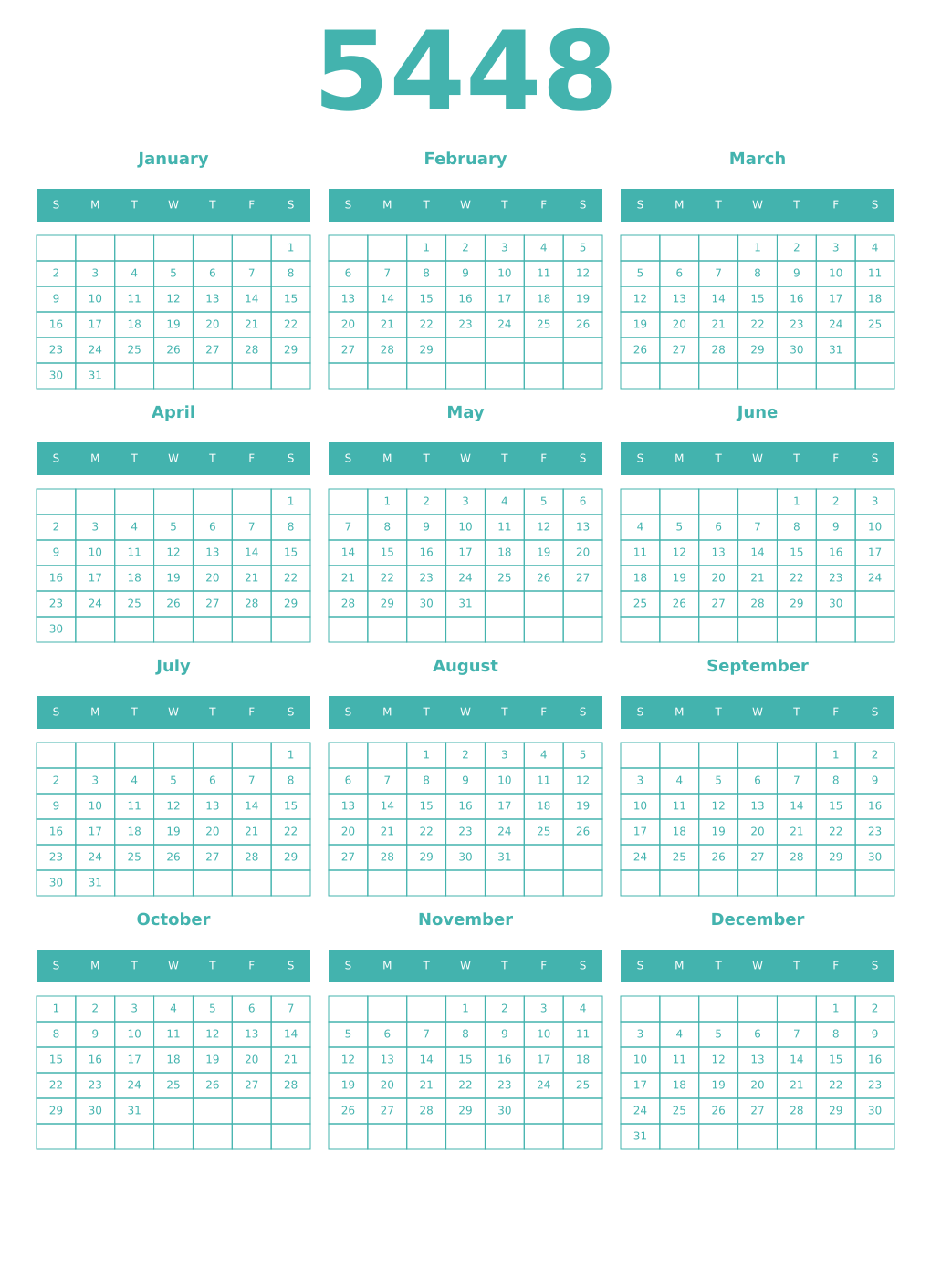 Printable 5448 Year Calendars verdigris